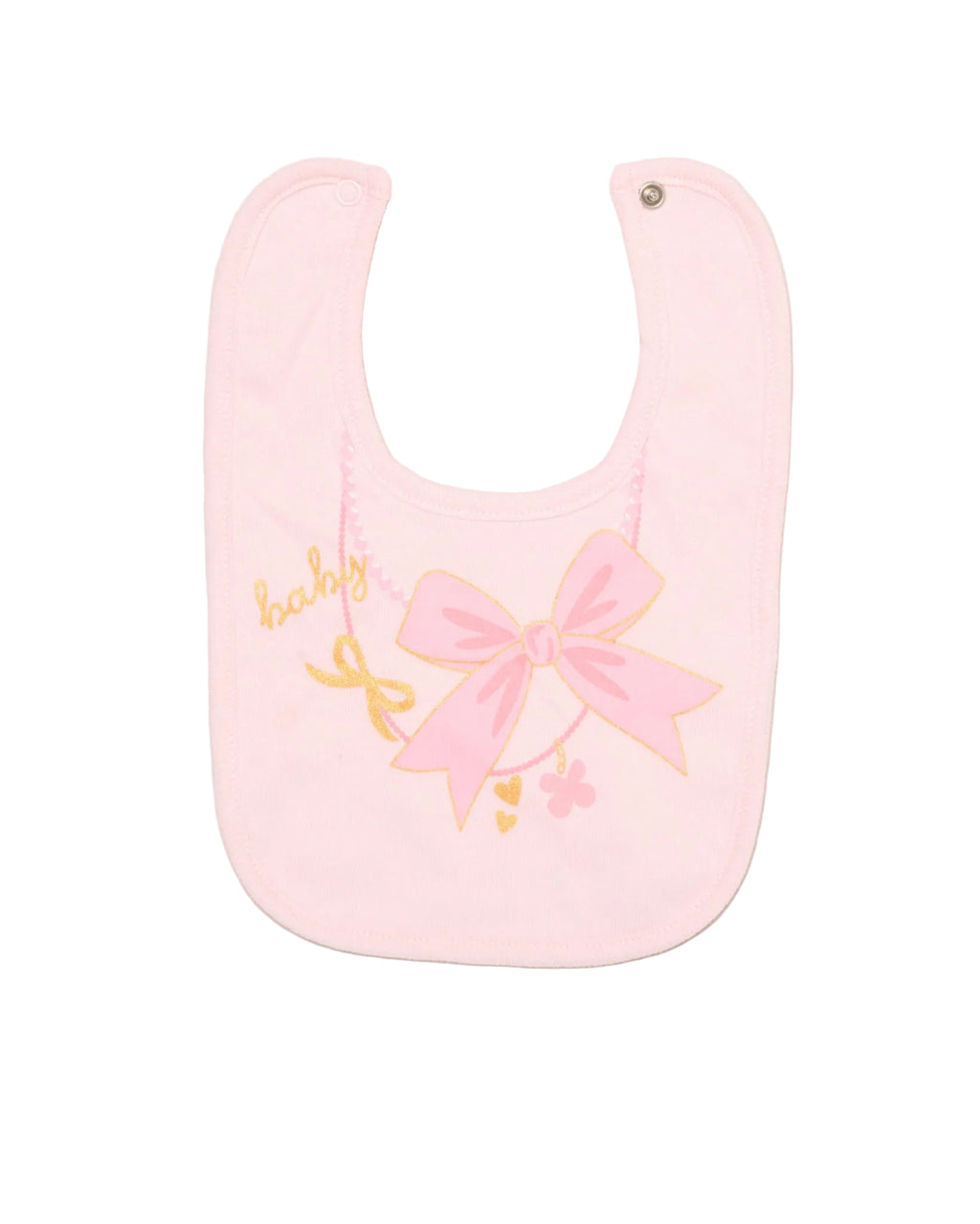 Pink bib with a bow and 'baby girl' text on a light gray background