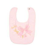 Pink bib with a bow and 'baby girl' text on a light gray background