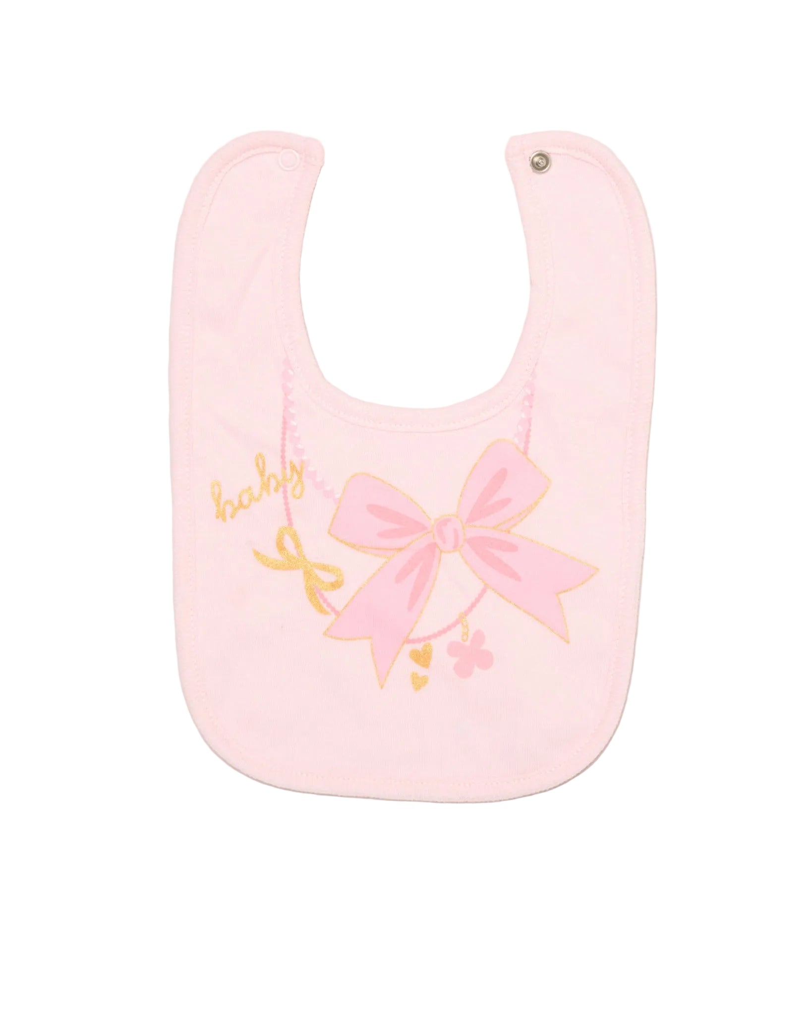 Pink bib with a bow and 'baby girl' text on a light gray background