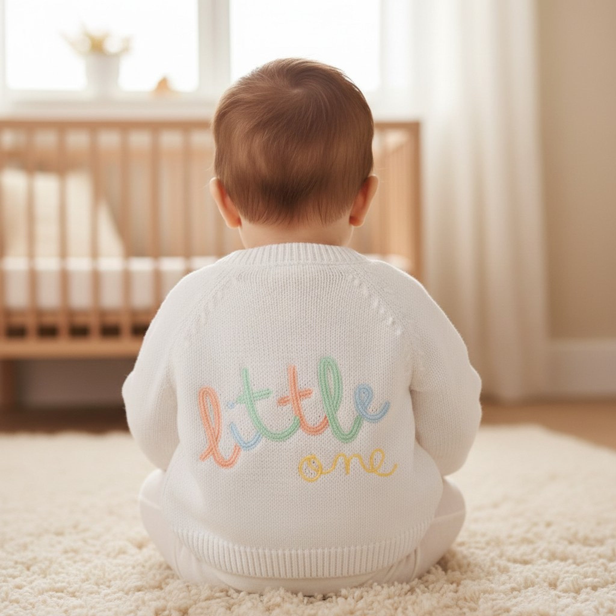 Baby wearing white cotton 'little one' applique baby cardigan - Adorababy.co.uk