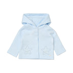 A light blue hooded cardigan with a subtle horizontal ribbed texture, featuring a button-up front and two embroidered star patches on the front, displayed flat on a neutral beige background.
