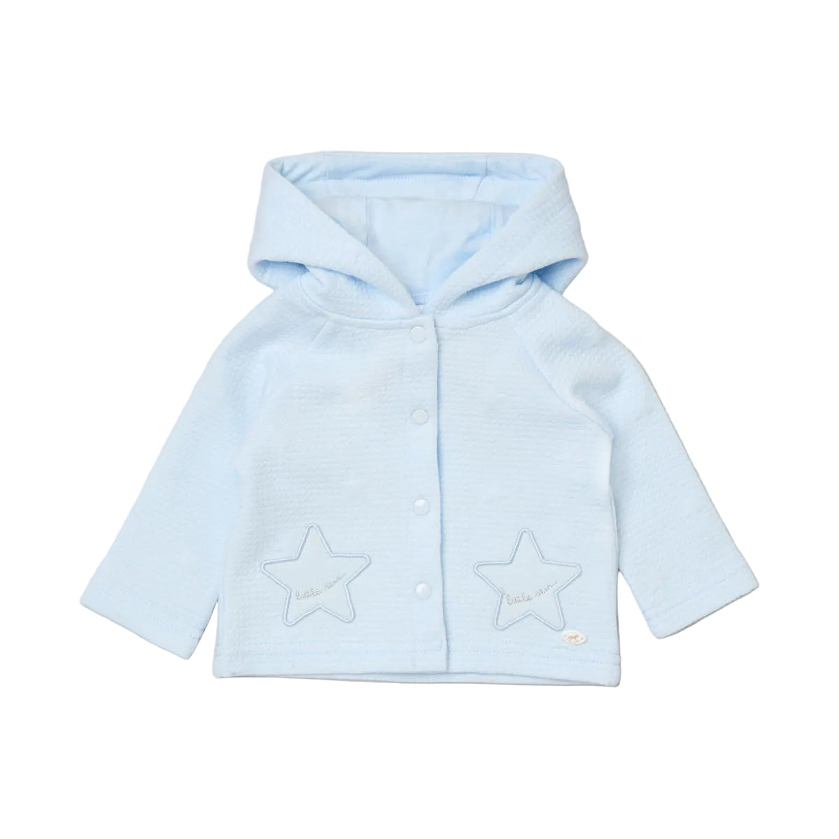 A light blue hooded cardigan with a subtle horizontal ribbed texture, featuring a button-up front and two embroidered star patches on the front, displayed flat on a neutral beige background.