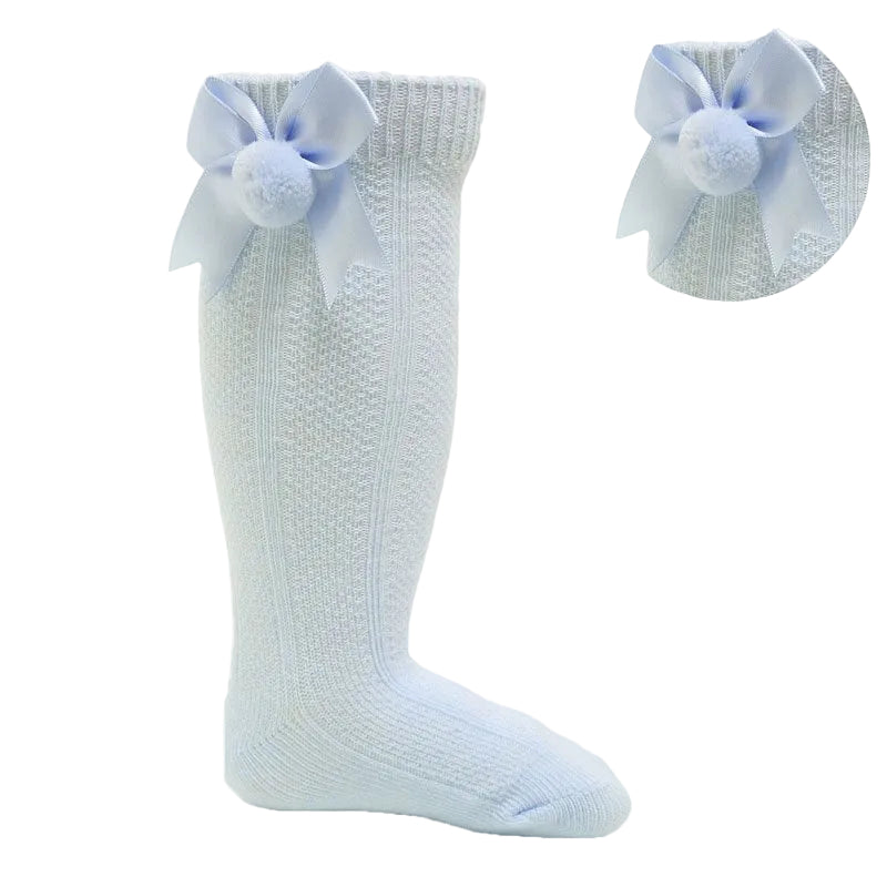 SOFT TOUCH Sky Blue Ribbed Knee Length Socks with Pom Pom & Satin Bow - Adorababy.co.uk