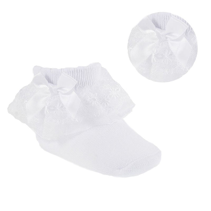SOFT TOUCH Baby Girls White & White Bow Organza Lace Bow Socks - The Baby Place