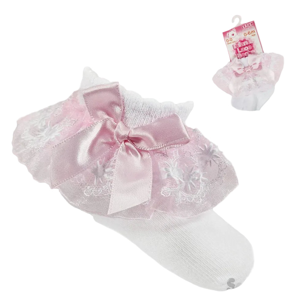 Baby socks with pink bow and lace details on a white background, featuring Softouch branding. Adorababy.co.uk