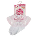 Baby lace socks with a bow on a hanger against a white background Adorababy.co.uk