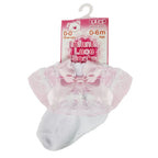 Baby lace socks with a bow on a hanger against a white background Adorababy.co.uk