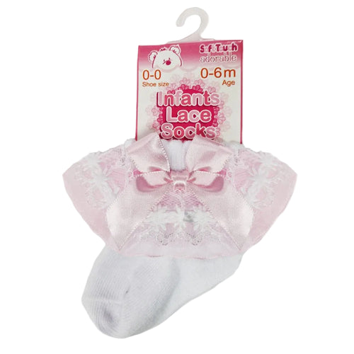 Baby lace socks with a bow on a hanger against a white background Adorababy.co.uk