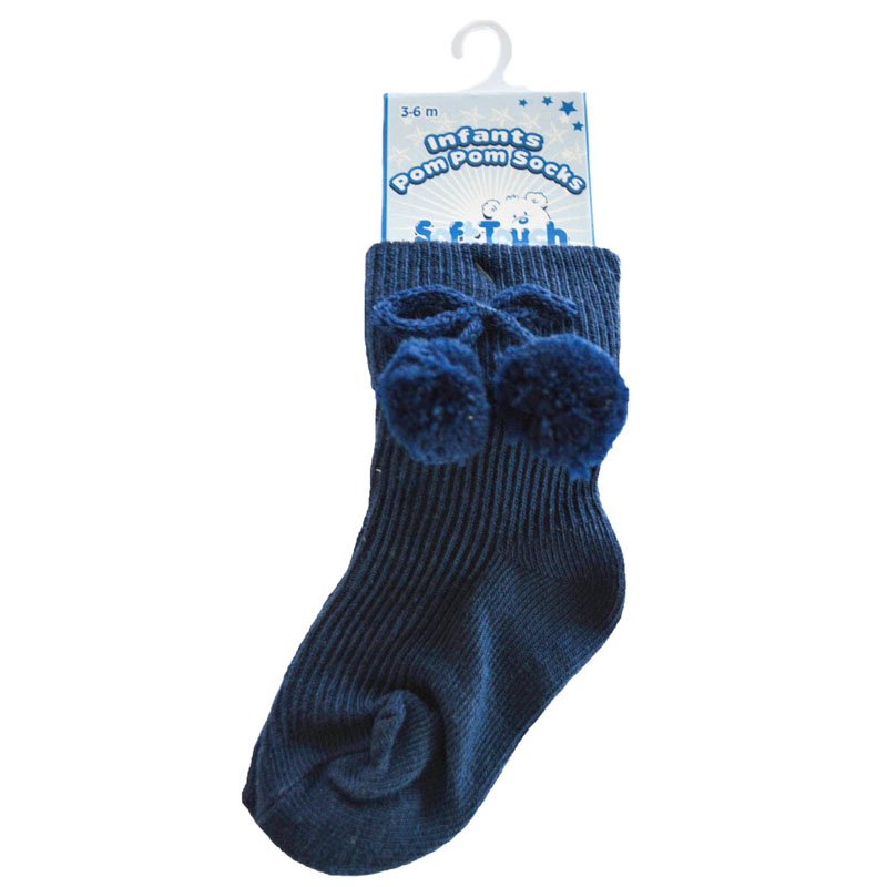 SOFT TOUCH Navy Blue Pom Pom Baby Socks - Adorababy.co.uk