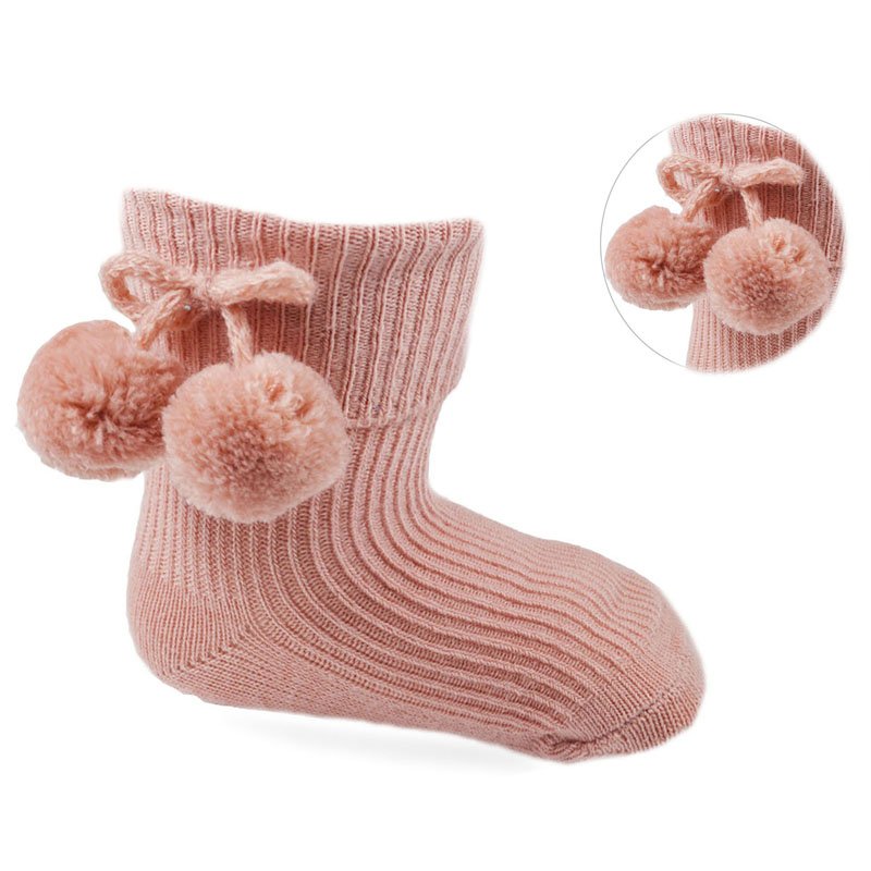 SOFT TOUCH Dusky Rose Pink Pom Pom Baby Socks - Adorababy.co.uk