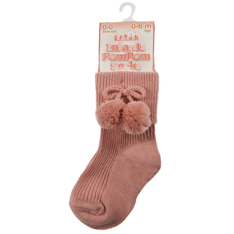 SOFT TOUCH Dusky Rose Pink Pom Pom Baby Socks - Adorababy.co.uk