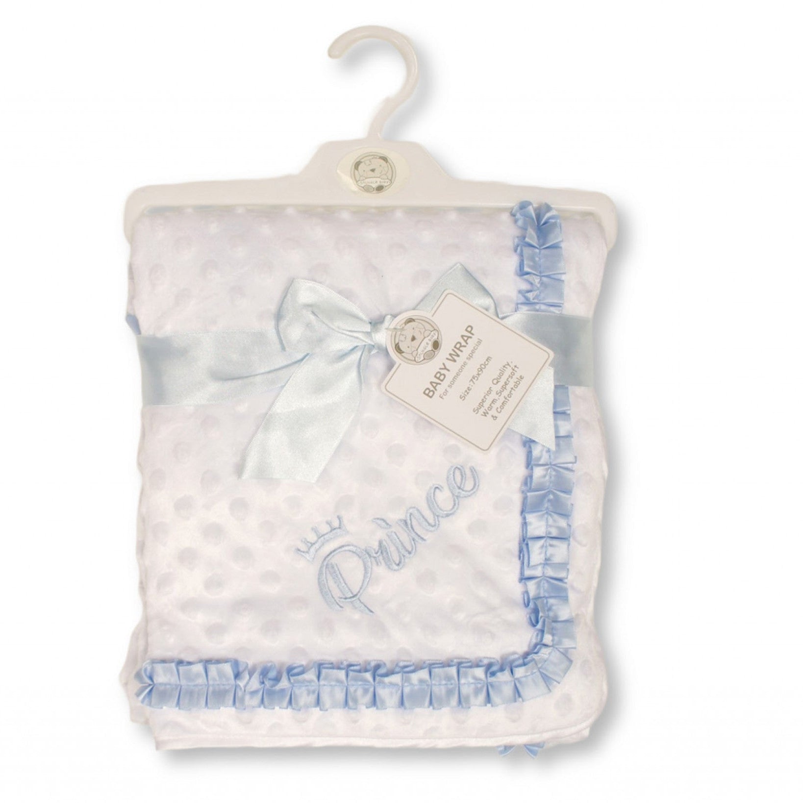 Baby blanket with 'Prince' embroidery on a hanger against a white background