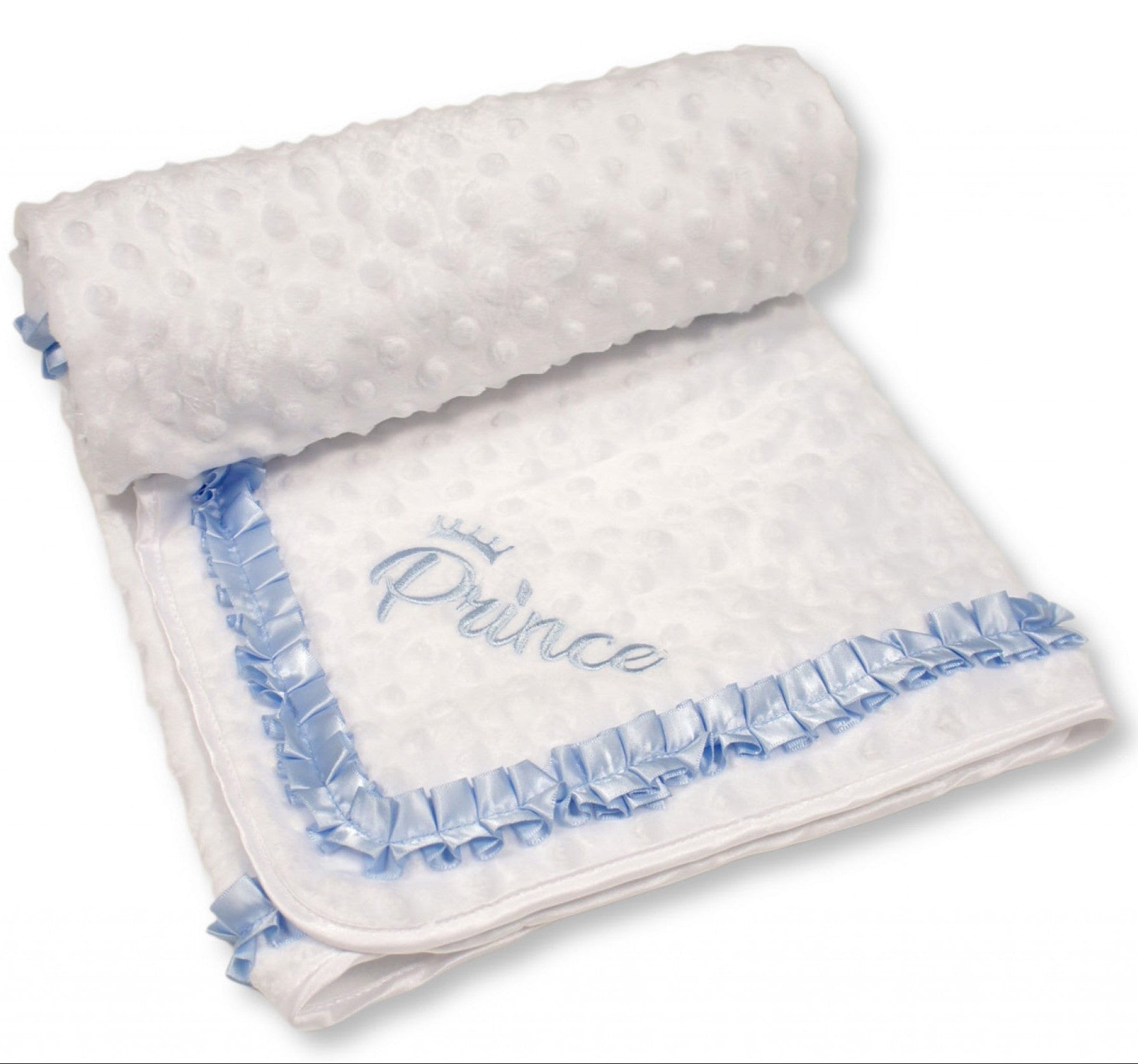 White baby blanket with blue ruffle and 'Prince' embroidery on a white background