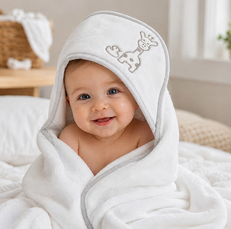 A smiling baby wrapped in a white hooded towel with a gray border and an embroidered giraffe on the hood, sitting on a bed in a softly lit room.