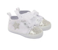 SOFT TOUCH White & Silver Sparkle Ribbon Tie Baby Shoes - Teddy or Star - AdoraBaby