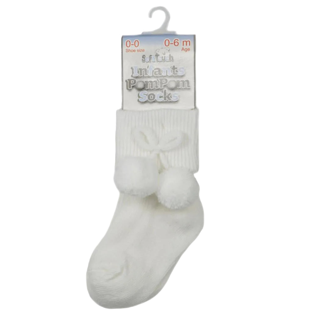SOFT TOUCH White Pom Pom Baby Socks - The Baby Place / Adorababy.co.uk