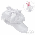 White baby socks with lace and bow design on a white background, featuring Softouch branding.