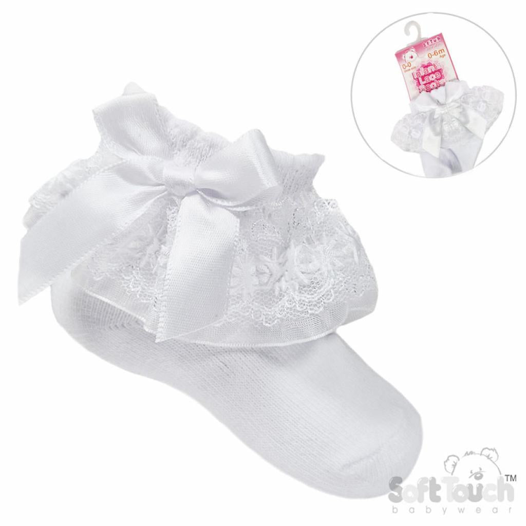 White baby socks with lace and bow design on a white background, featuring Softouch branding.