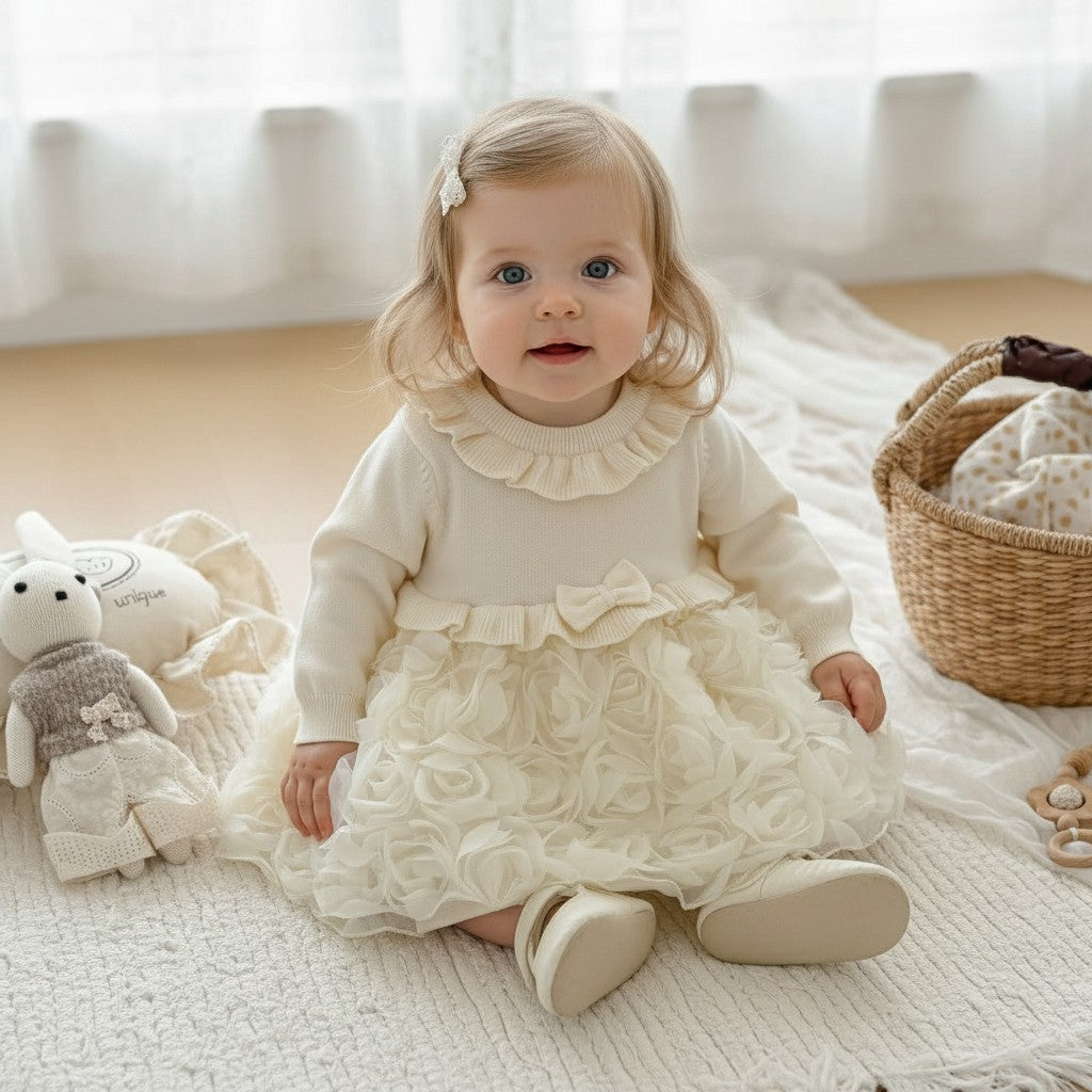 Rose Knit Baby Girls Occasion Dress - Burgundy Red or Ivory