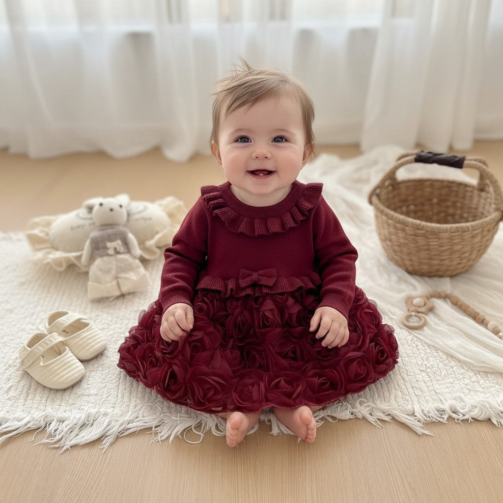 Rose Knit Baby Girls Occasion Dress - Burgundy Red or Ivory