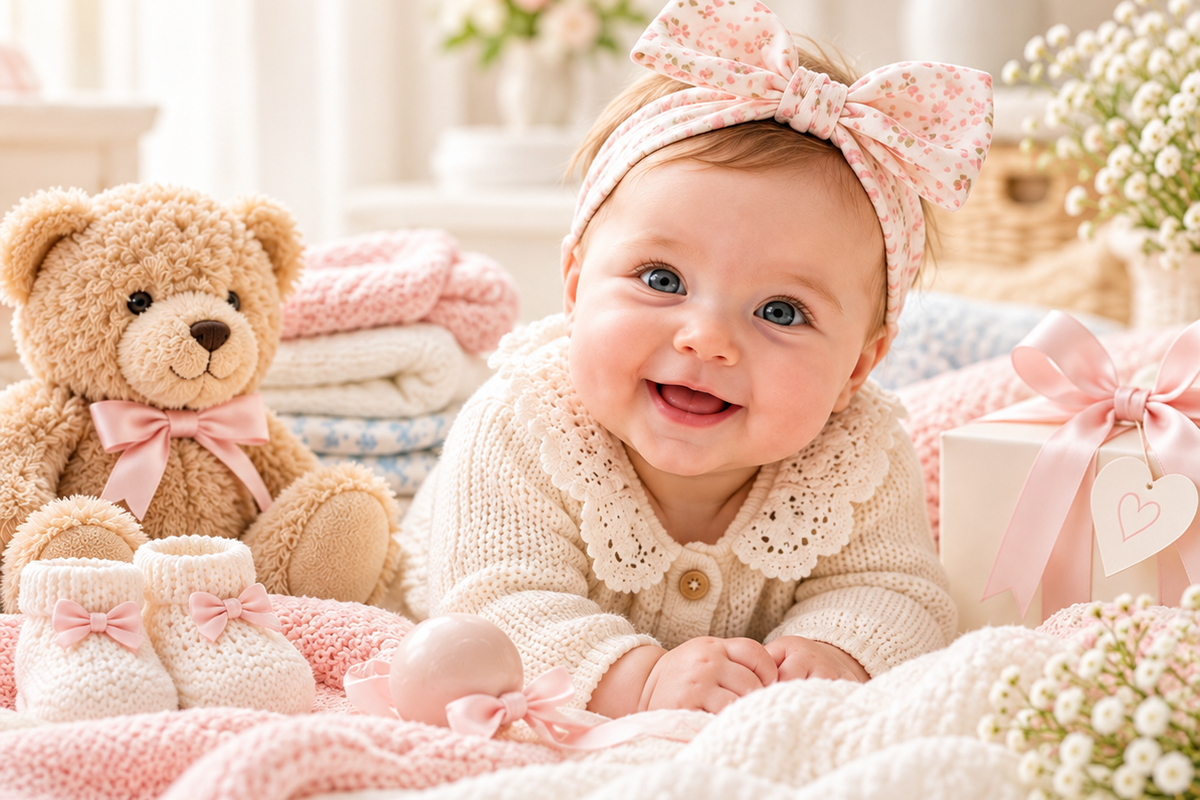 AdoraBaby.co.uk Baby Clothing & Gift store - A smiling baby wearing a cream knit outfit and a pink floral bow headband lies on a soft blanket, surrounded by a teddy bear, knit booties, flowers, and a gift box in a bright nursery setting.