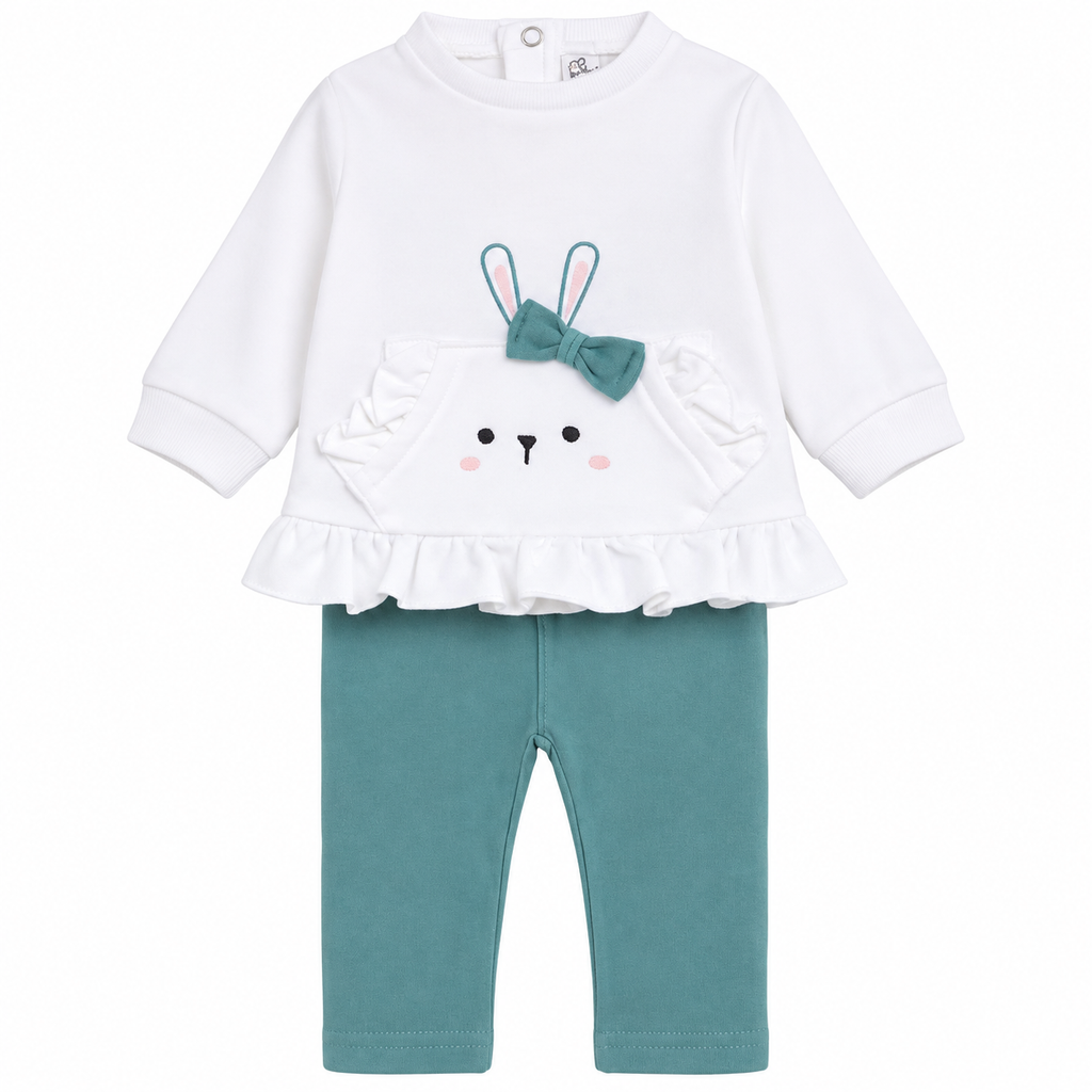 A toddler girl's two-piece outfit featuring a white long-sleeve top with a ruffled hem and an embroidered bunny face with a teal bow, paired with matching teal leggings.