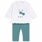 A toddler girl's two-piece outfit featuring a white long-sleeve top with a ruffled hem and an embroidered bunny face with a teal bow, paired with matching teal leggings.