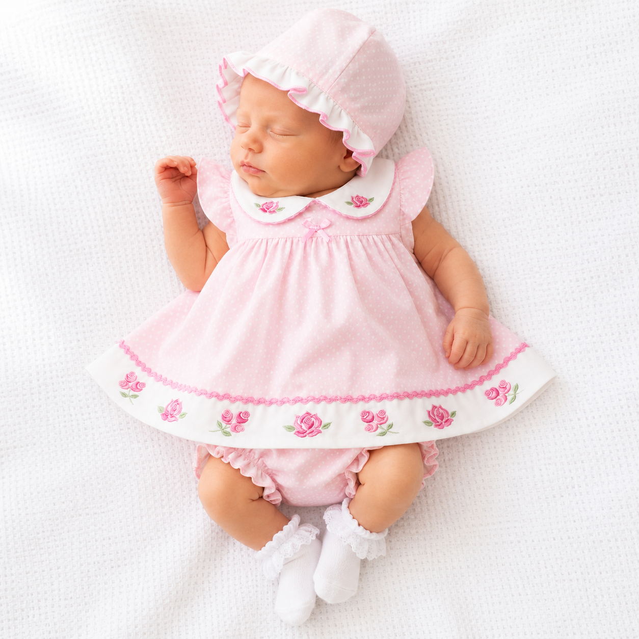 Newborn baby in a pink outfit with a bonnet on a white background Adorababy.co.uk