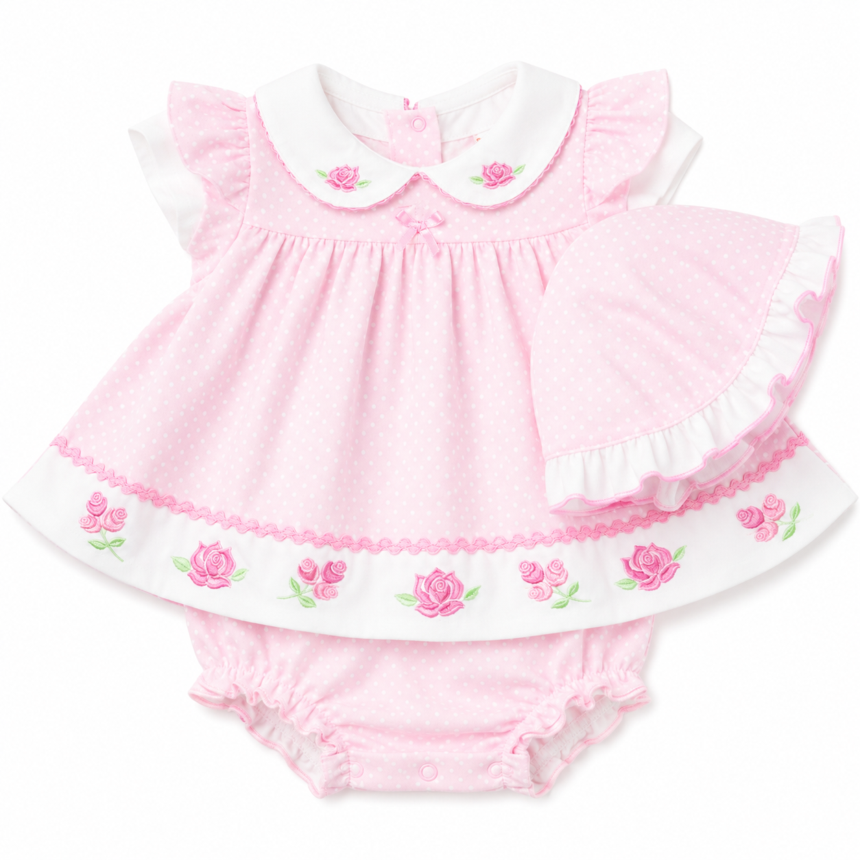 Pink baby dress with floral embroidery on a white background - AdoraBaby.co.uk