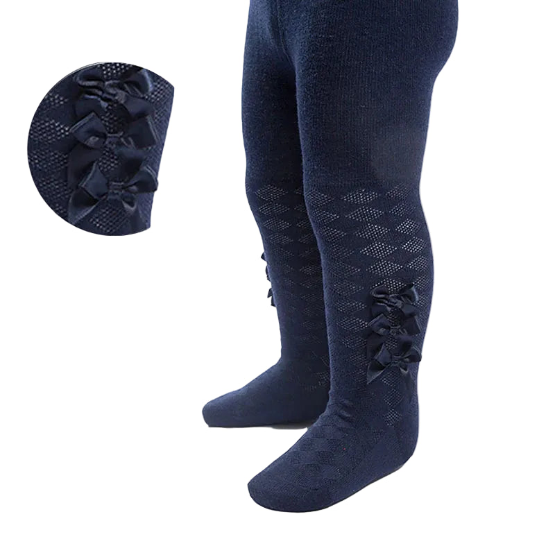 Navy Baby Girls tights with satin bows - adorababy.co.uk