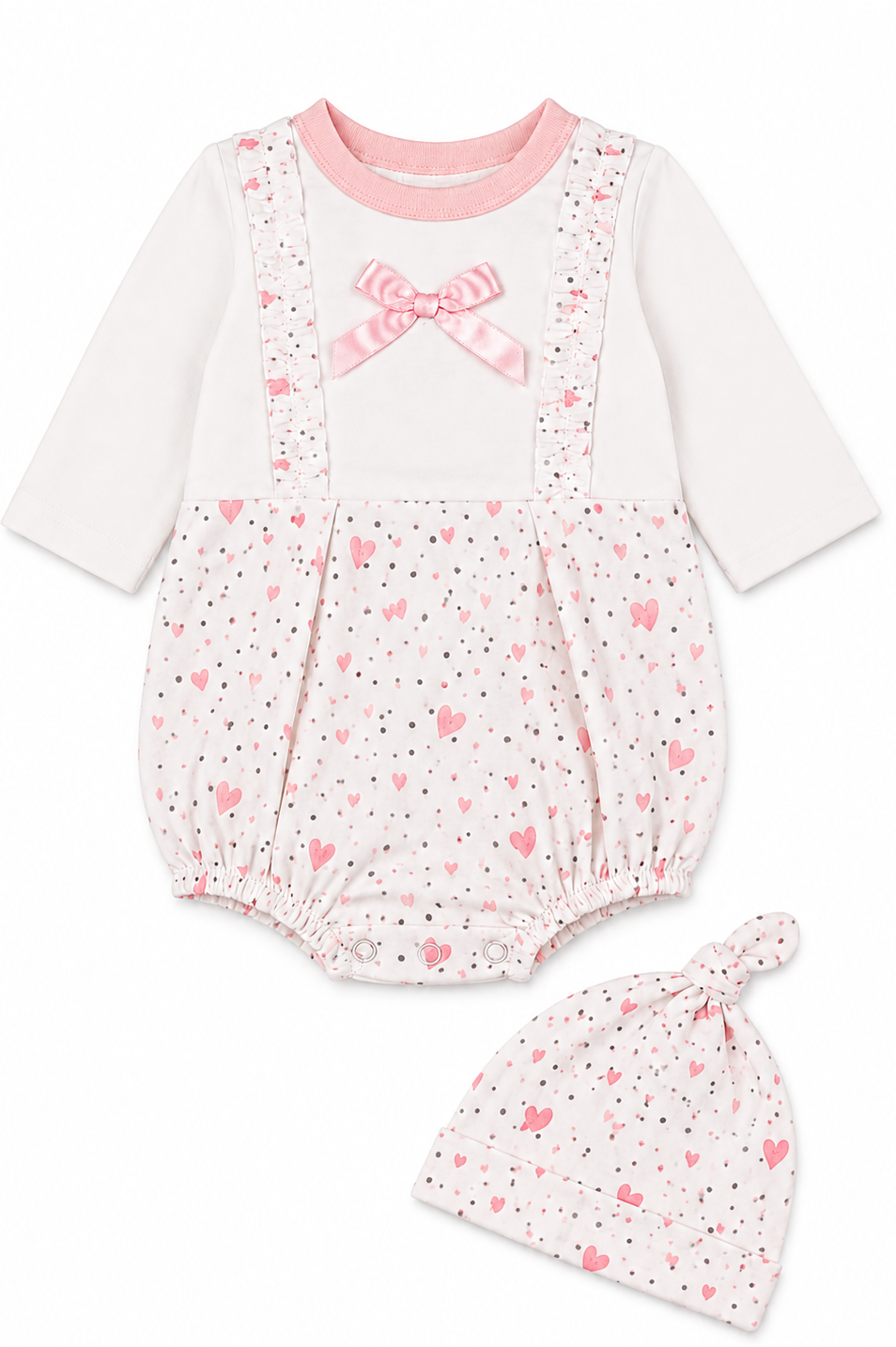 Baby romper and hat set with pink hearts and bows on a white background