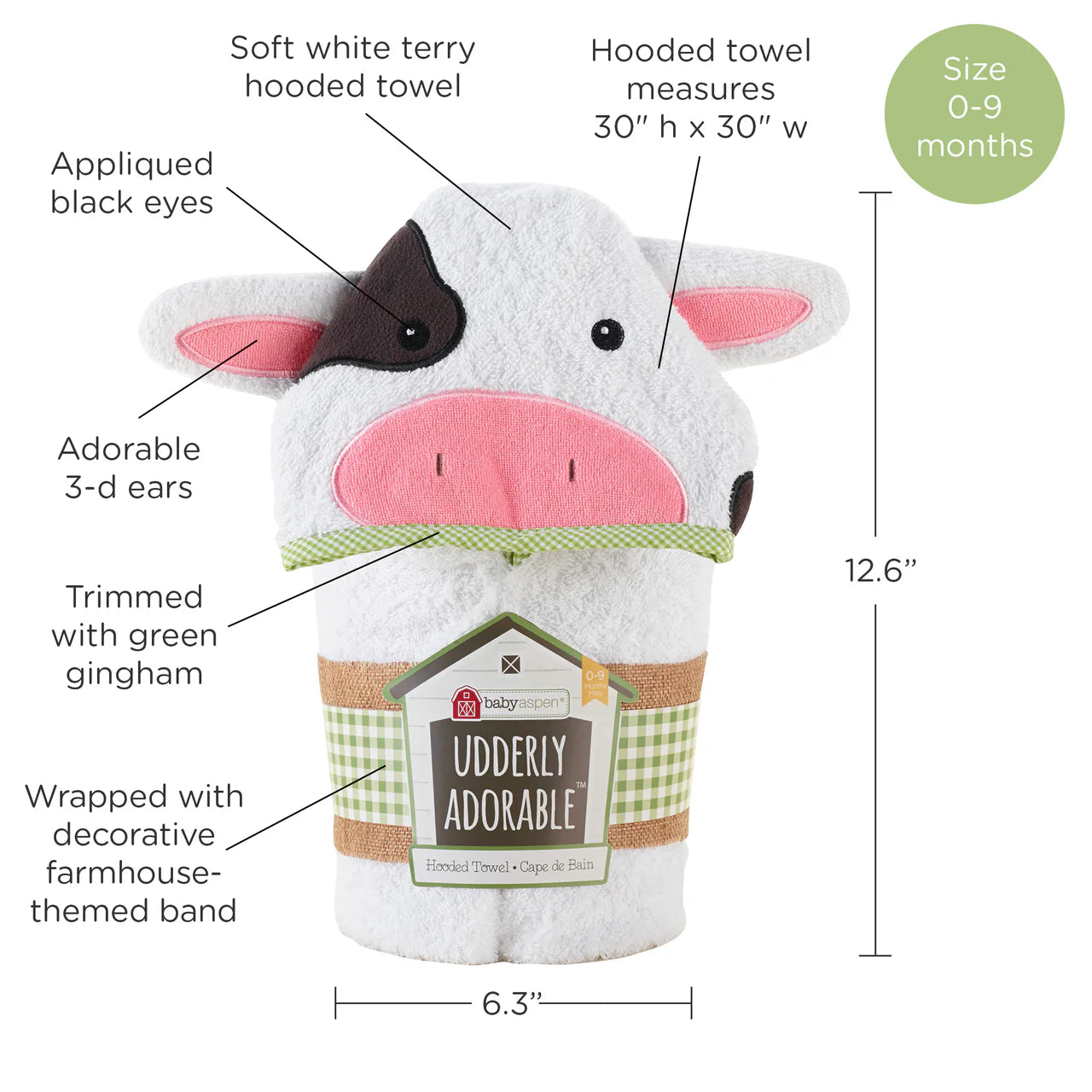 Hooded towel shaped like a cow with text labels and dimensions on a white background