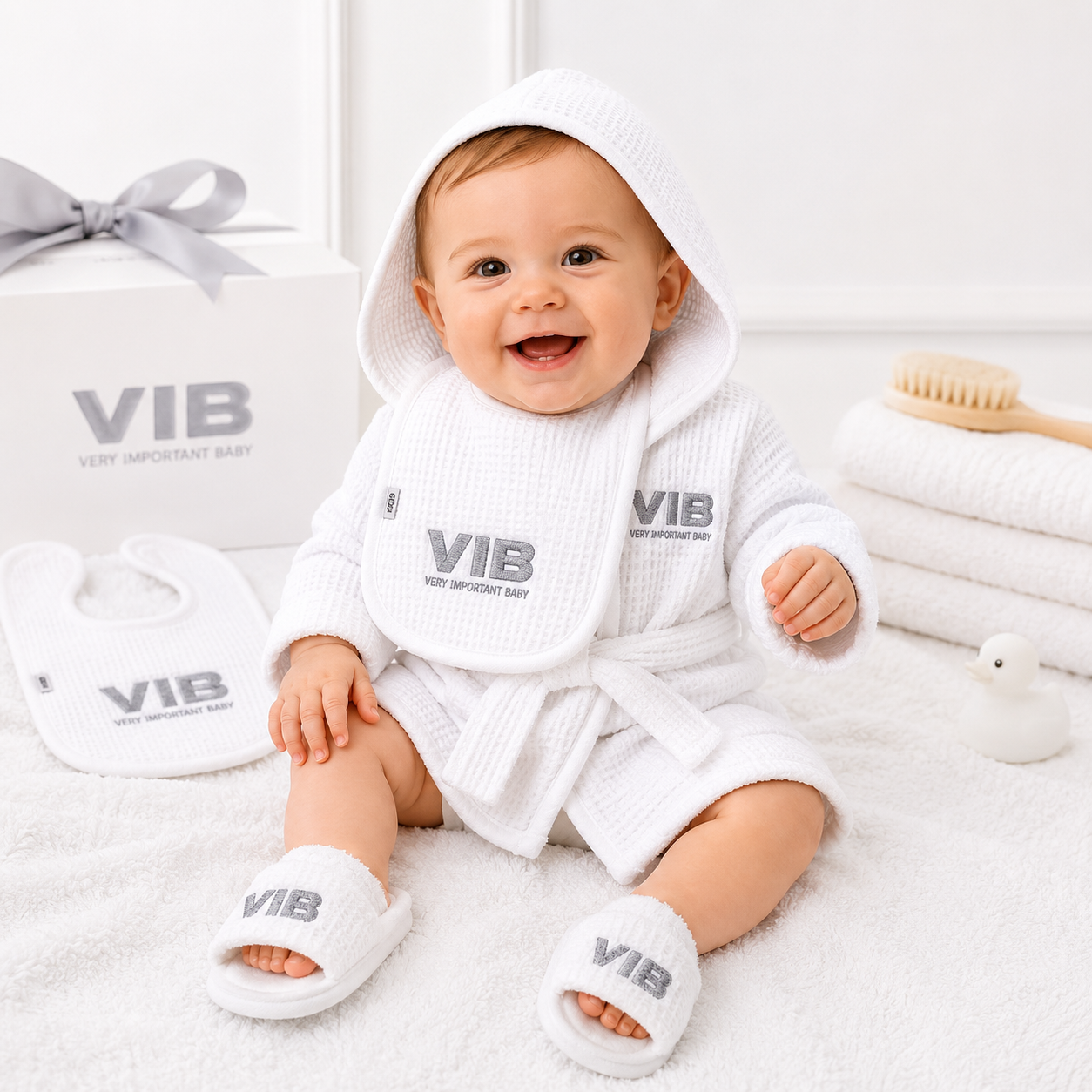 VIB White Baby Bathrobe, Sliders & Bib Gift Set