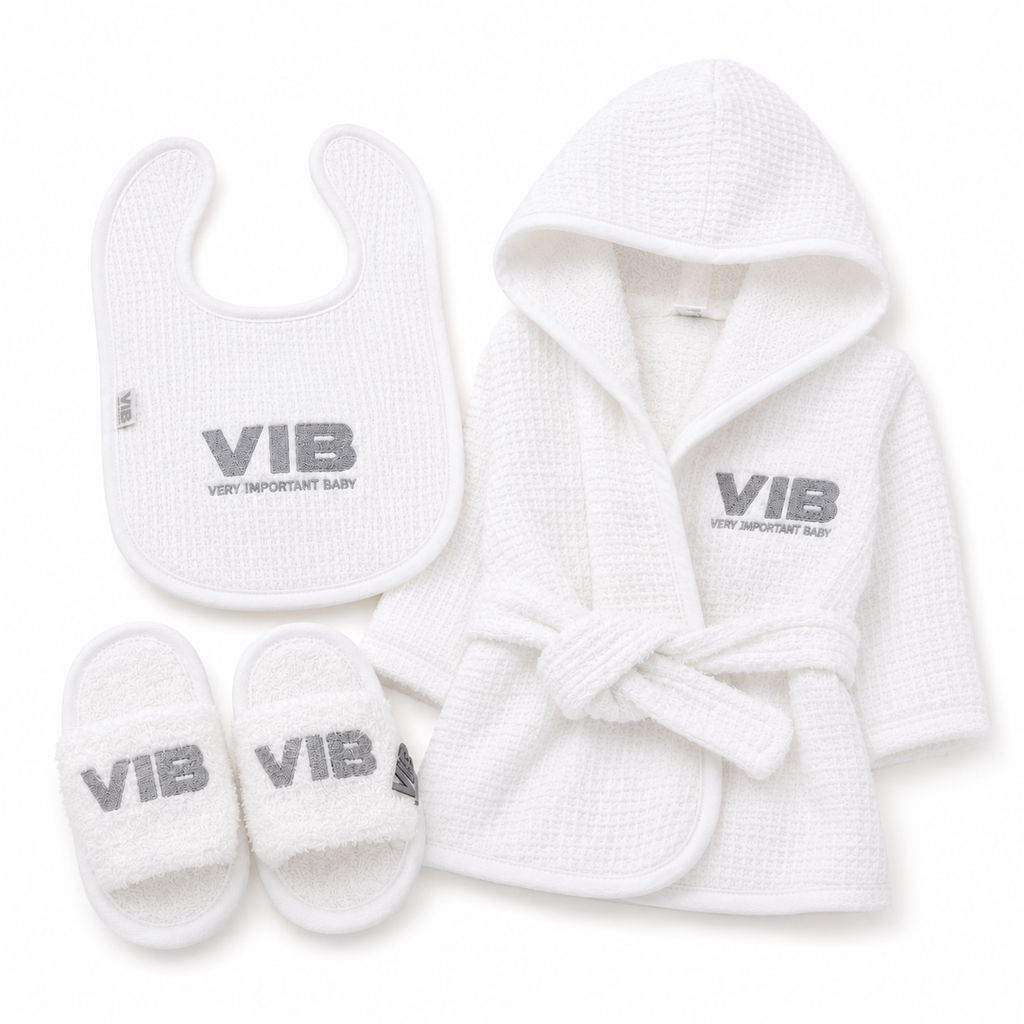 VIB White Baby Bathrobe, Sliders & Bib Gift Set