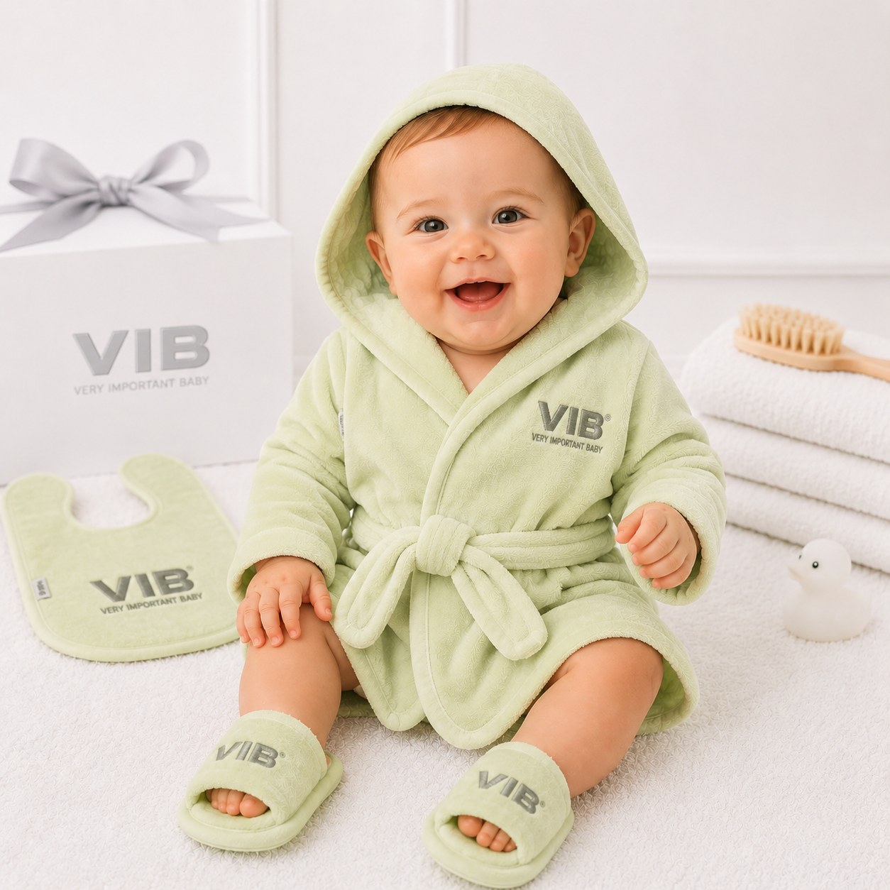 Very Important Baby Mint Bathrobe, Bib & Slippers Gift Set