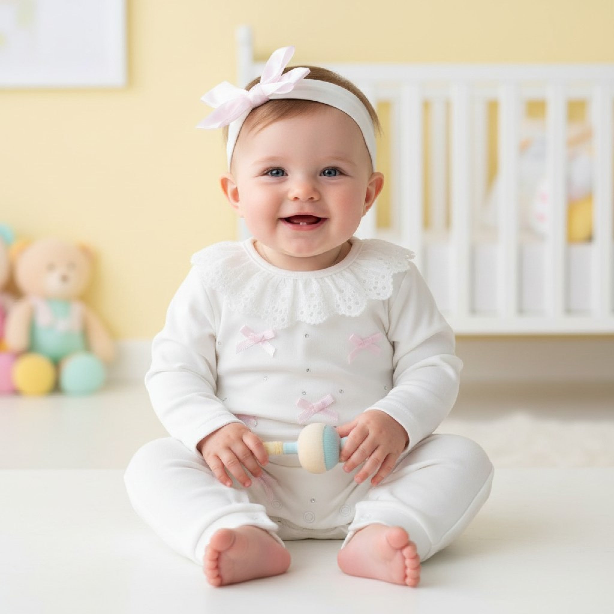 Ivory & Pink Soft Cotton Baby Bows Romper & Headband Set - Adorababy.co.uk