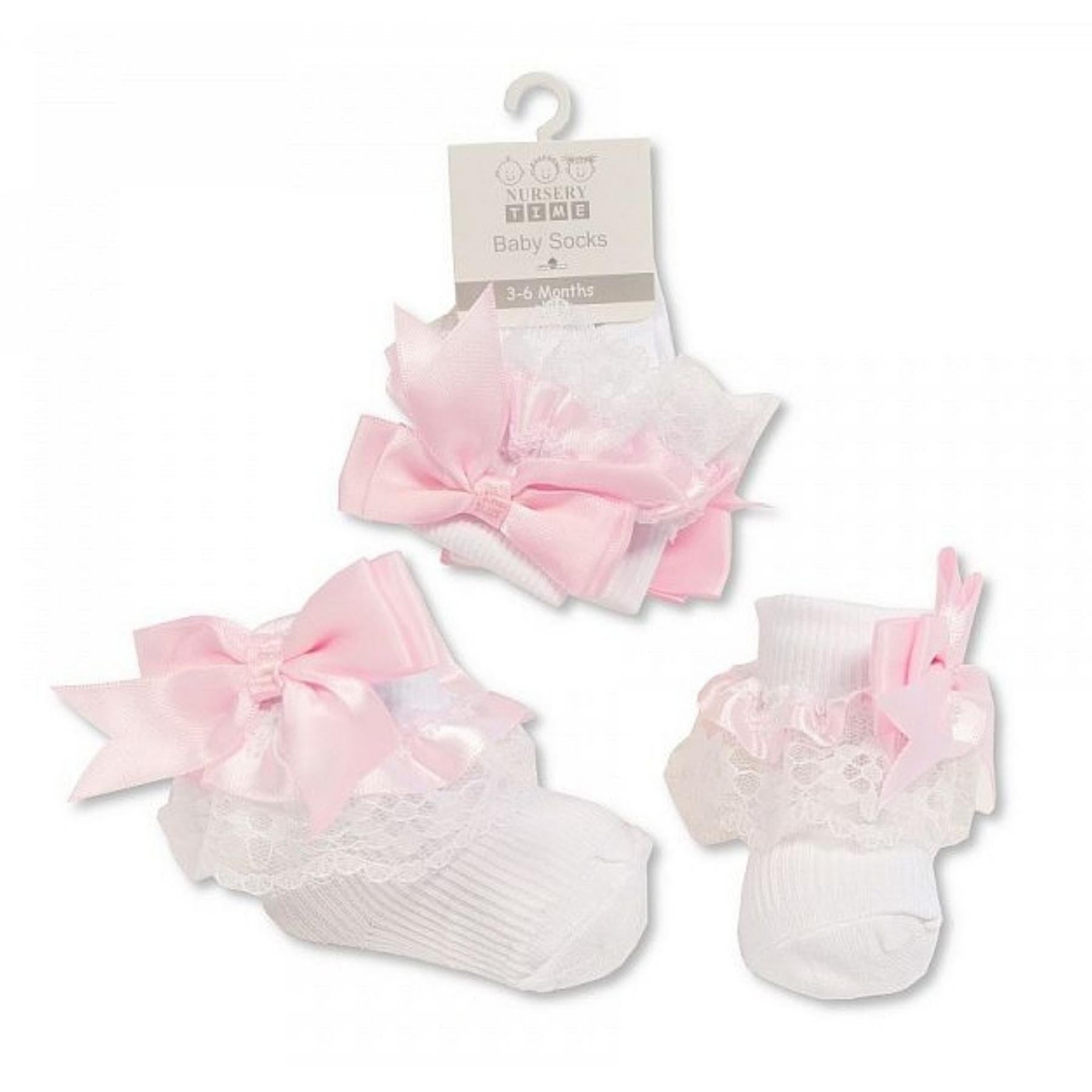 NURSERY TIME White with Pink Satin Bow Lace Frilled Socks - Adorababy.co.uk