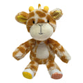 Plush giraffe toy with brown spots, white muzzle, and yellow accents on a white background