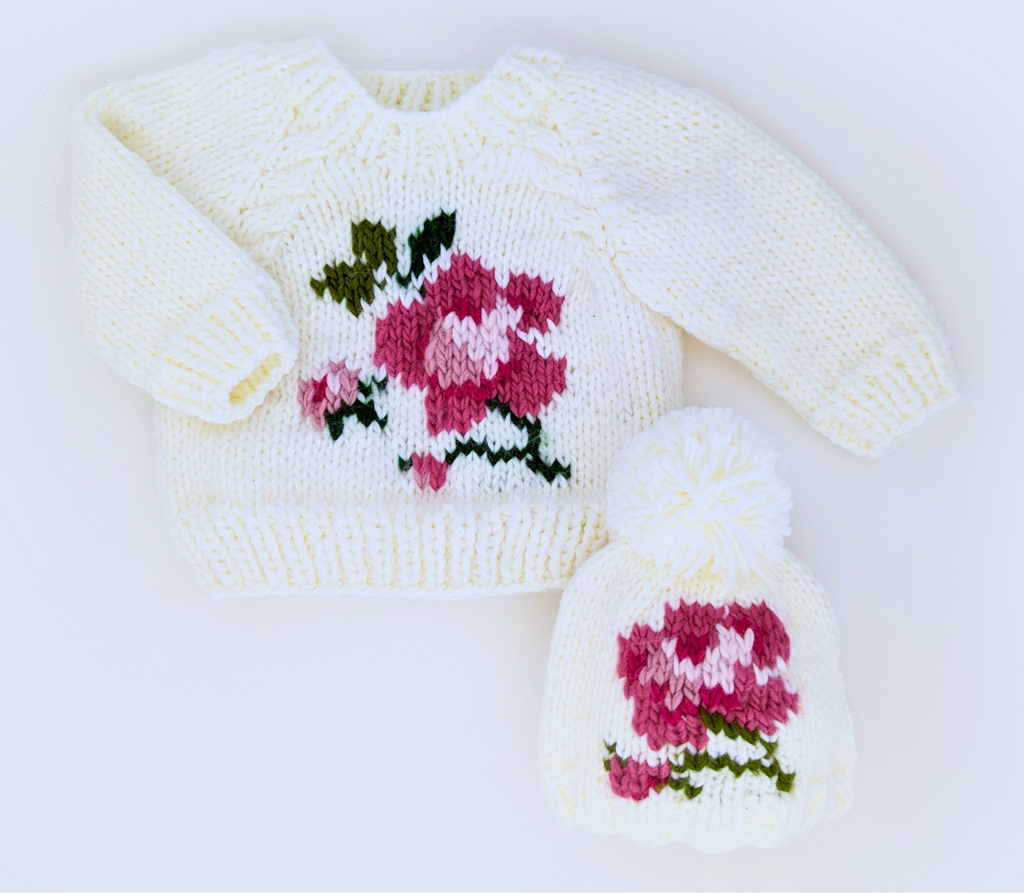Huggalugs hand knitted baby girls cream rose jumper and hat - adorababy.co.uk