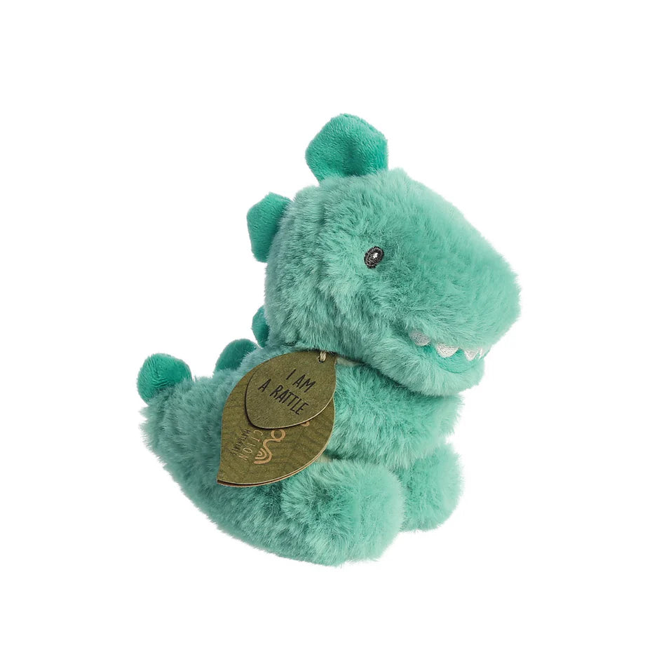 Green plush toy dinosaur baby rattle with a leaf-shaped tag on a white background