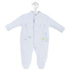 Baby blue onesie with embroidered design on a white background Adorababy.co.uk