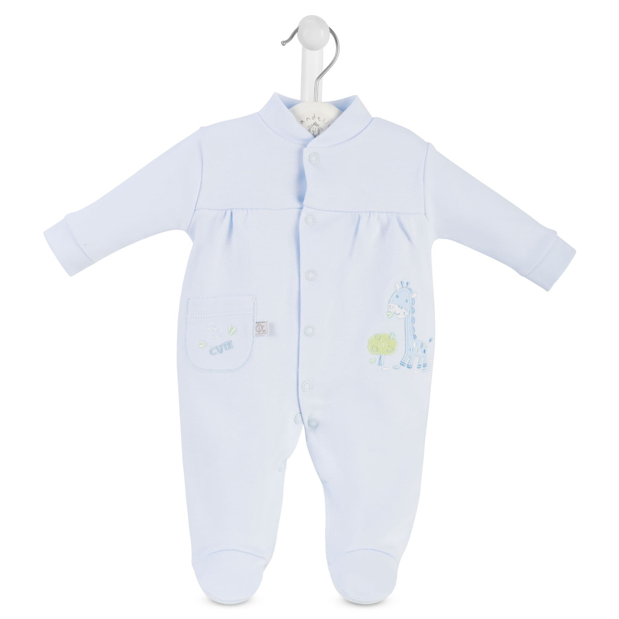 Baby blue onesie with embroidered design on a white background Adorababy.co.uk