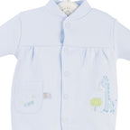 Light blue baby romper with embroidered designs on a white background Adorababyco.uk
