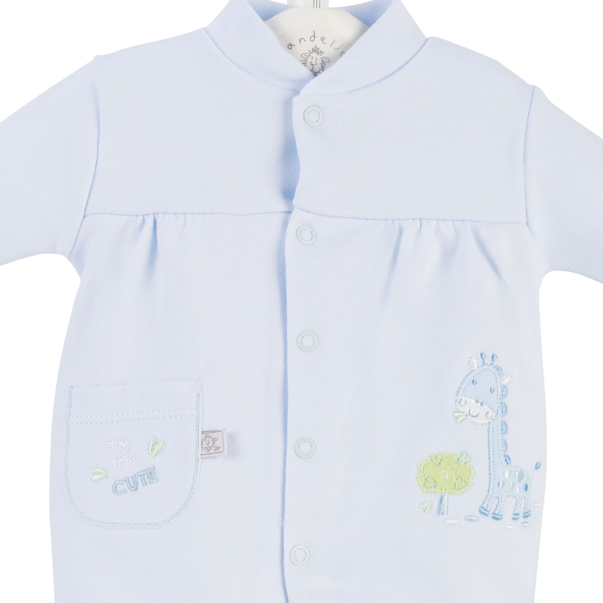 Light blue baby romper with embroidered designs on a white background Adorababyco.uk