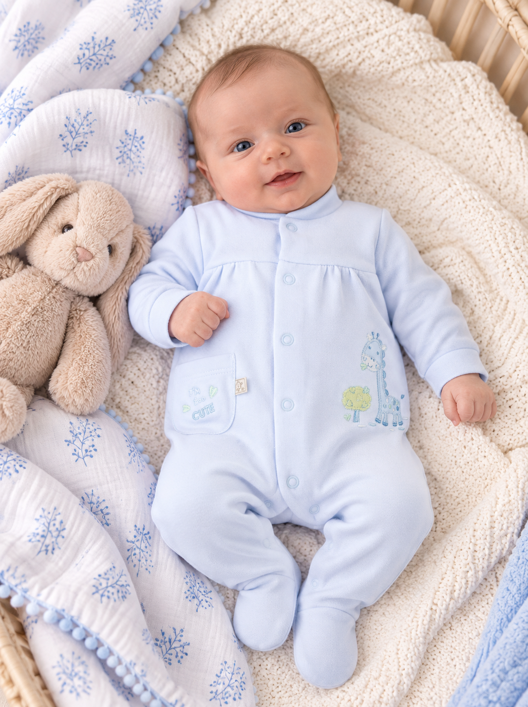 Dandelion Baby Blue Giraffe Embroidered Cotton Sleepsuit