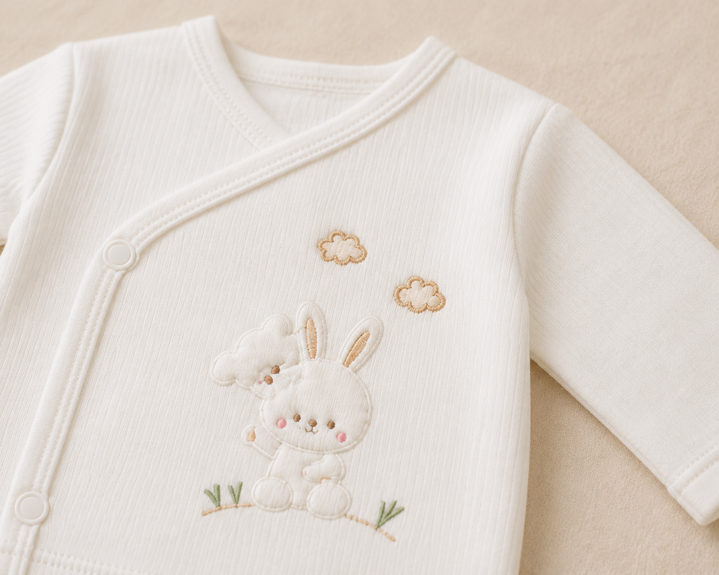 A close-up of a white long-sleeve baby wrap jacket with a soft, textured fabric and an embroidered bunny design on the front, accented with small clouds and grass.