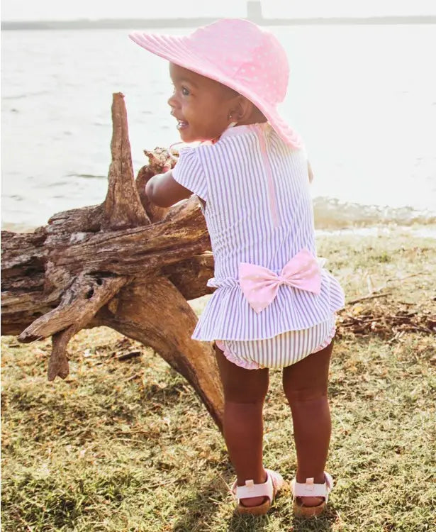 RUFFLEBUTTS RuffleButts Lilac Seersucker Peplum One Piece Bow Swimsuit -  Adorababy.co.uk