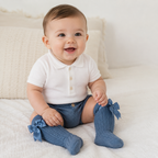 baby wearing steel blue knee high ribbon bow socks - Adorababy.co.uk