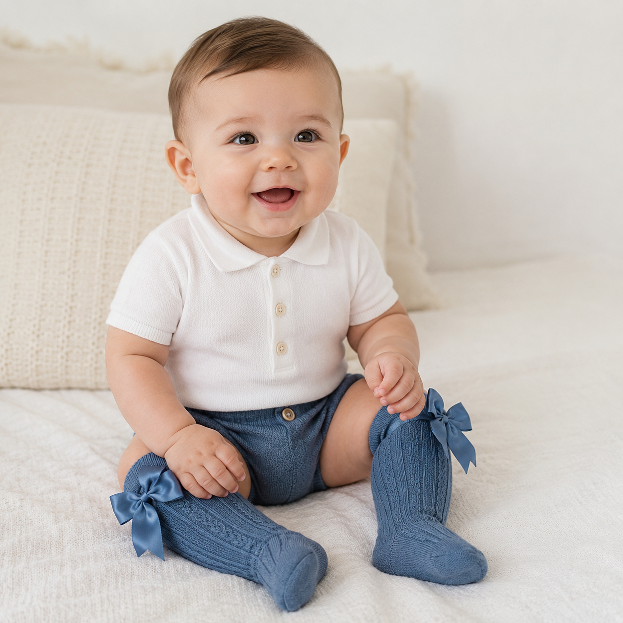 baby wearing steel blue knee high ribbon bow socks - Adorababy.co.uk
