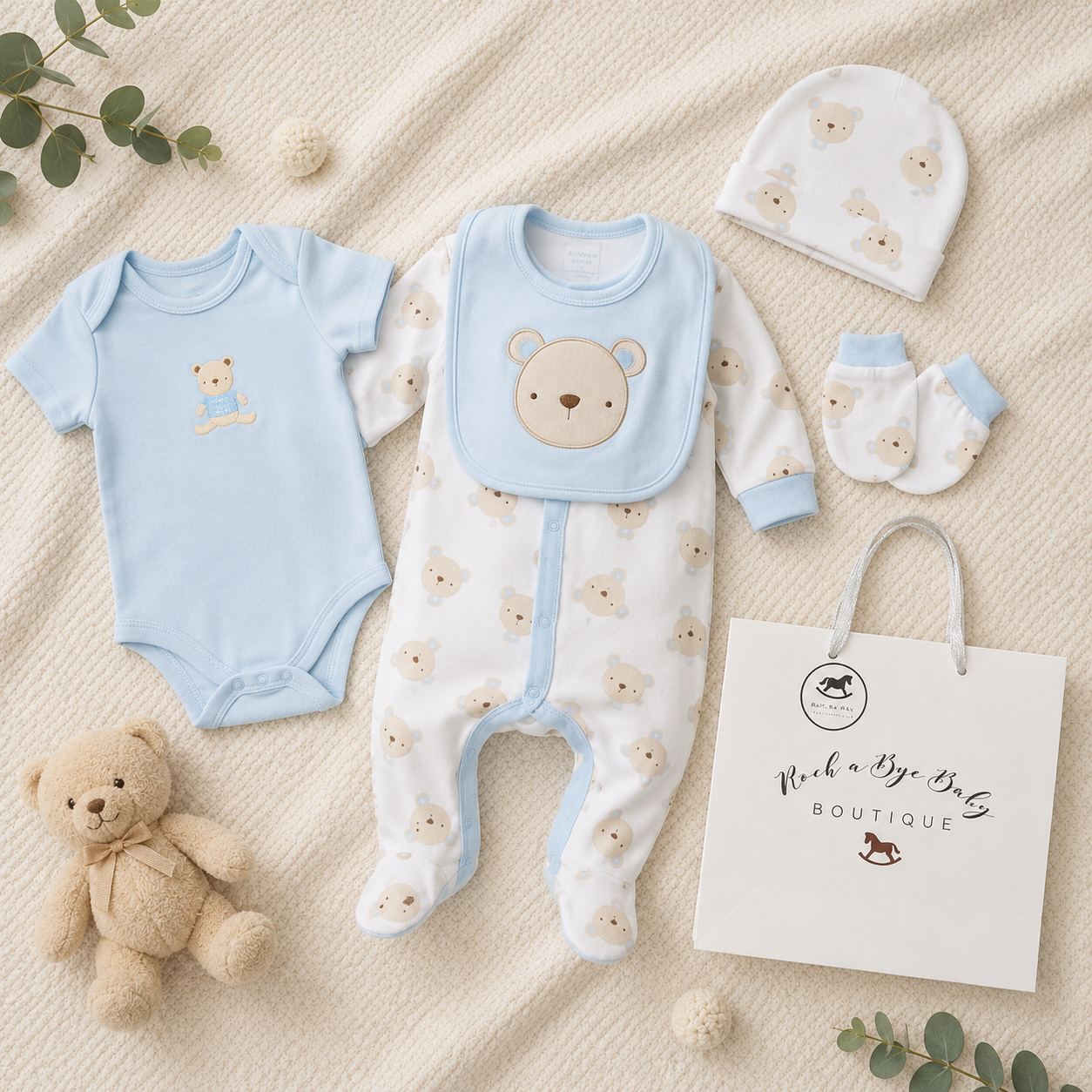 Baby Bear 5 Piece Newborn Gift Set in Sky Blue | Baby Boy Gift Set | Adorababy.co.uk
